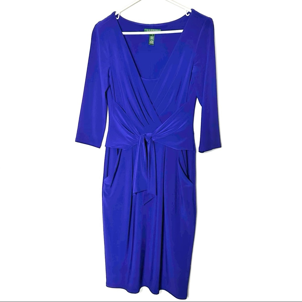 Vtg Ralph Lauren Midi Front Tie Pocket Dress True Blue Sz S 4 13x40” 3/4 Sleeve